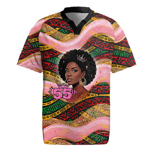 Personalized African Queen Stepping Into My 55th Birthday Rugby Jersey Pink Sparkle Glitter Tribal Kente