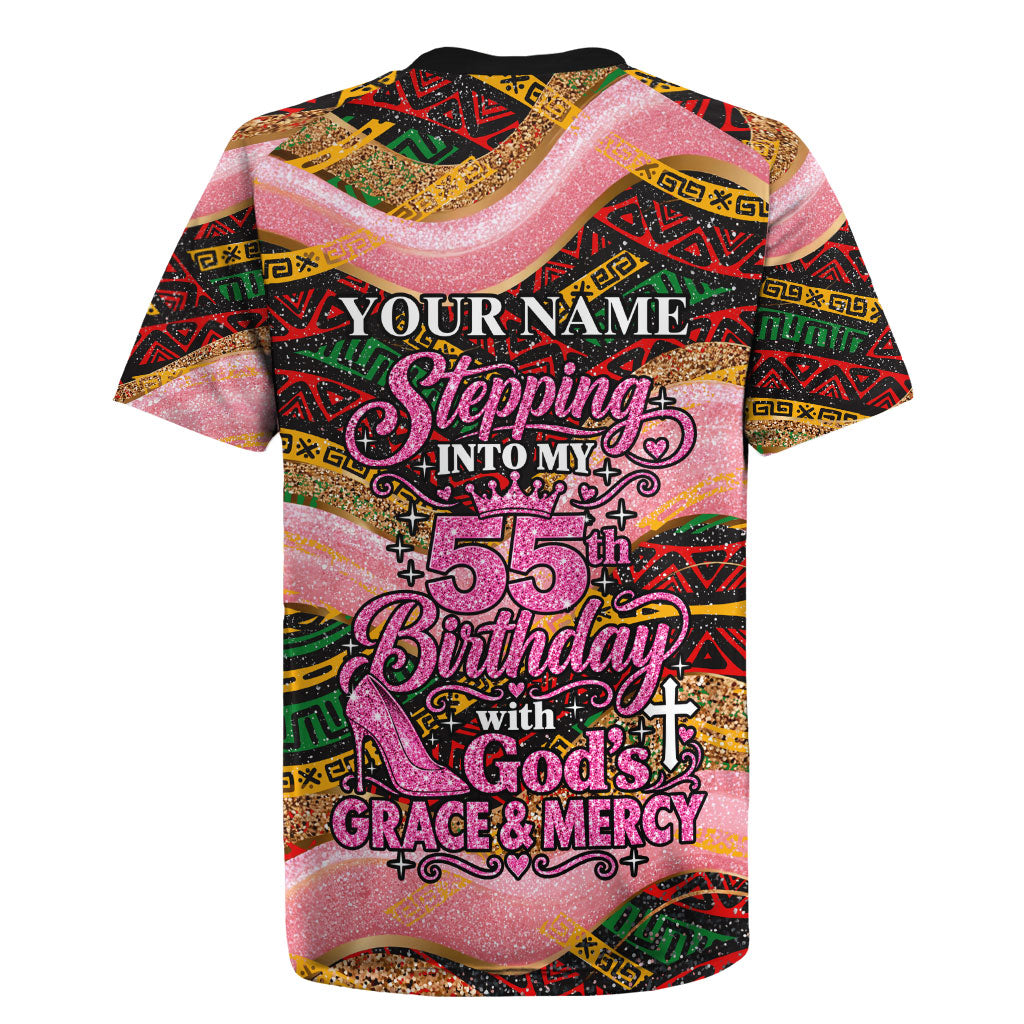 Personalized African Queen Stepping Into My 55th Birthday Rugby Jersey Pink Sparkle Glitter Tribal Kente