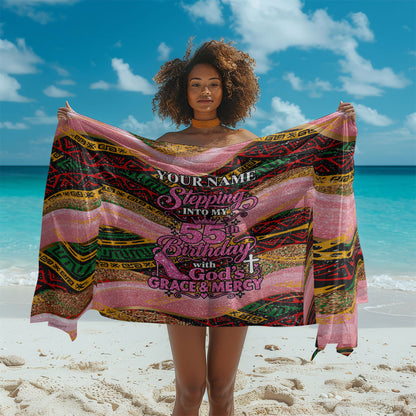 Personalized African Queen Stepping Into My 55th Birthday Sarong Pink Sparkle Glitter Tribal Kente