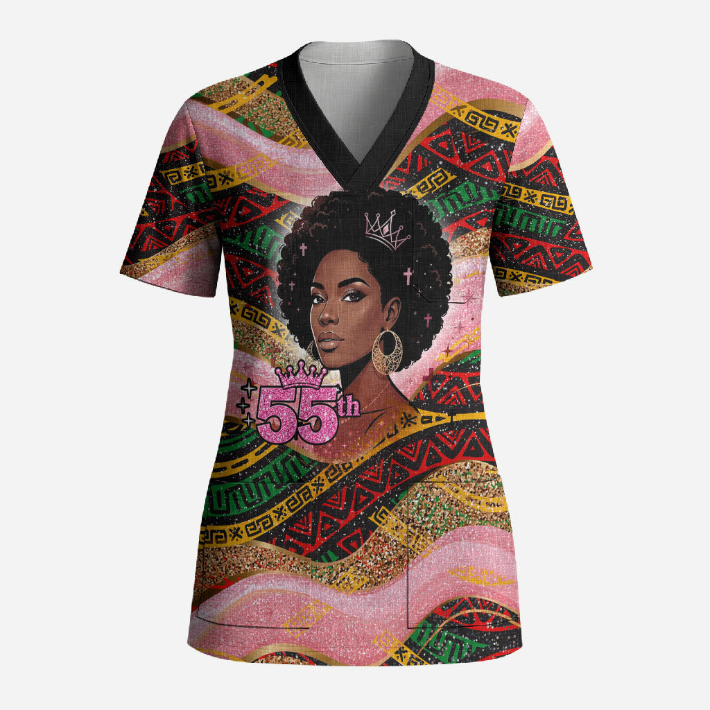 Personalized African Queen Stepping Into My 55th Birthday Scrub Top Pink Sparkle Glitter Tribal Kente