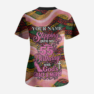 Personalized African Queen Stepping Into My 55th Birthday Scrub Top Pink Sparkle Glitter Tribal Kente