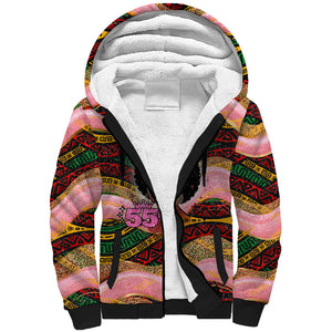 Personalized African Queen Stepping Into My 55th Birthday Sherpa Hoodie Pink Sparkle Glitter Tribal Kente