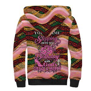 Personalized African Queen Stepping Into My 55th Birthday Sherpa Hoodie Pink Sparkle Glitter Tribal Kente