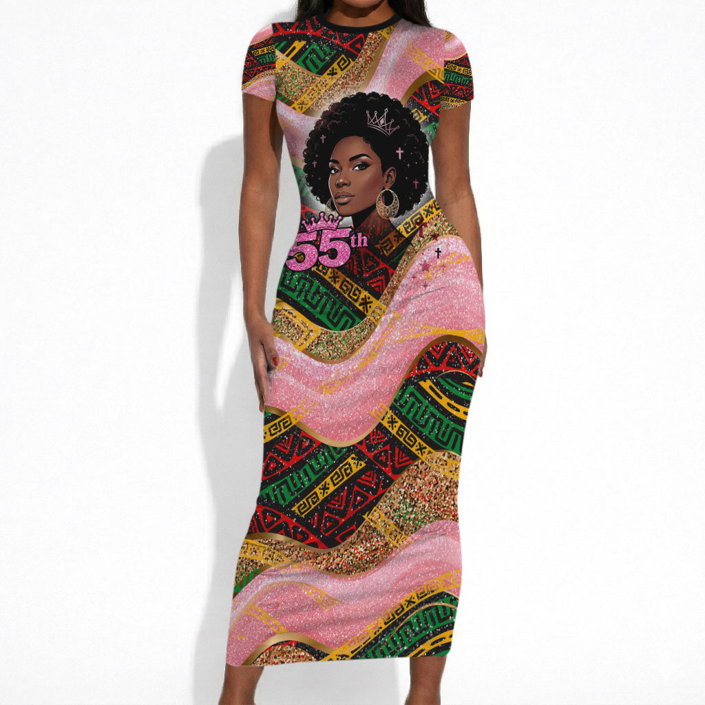 Personalized African Queen Stepping Into My 55th Birthday Short Sleeve Bodycon Dress Pink Sparkle Glitter Tribal Kente