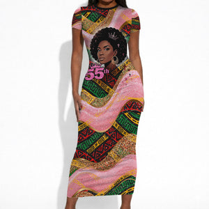 Personalized African Queen Stepping Into My 55th Birthday Short Sleeve Bodycon Dress Pink Sparkle Glitter Tribal Kente