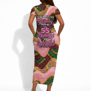 Personalized African Queen Stepping Into My 55th Birthday Short Sleeve Bodycon Dress Pink Sparkle Glitter Tribal Kente