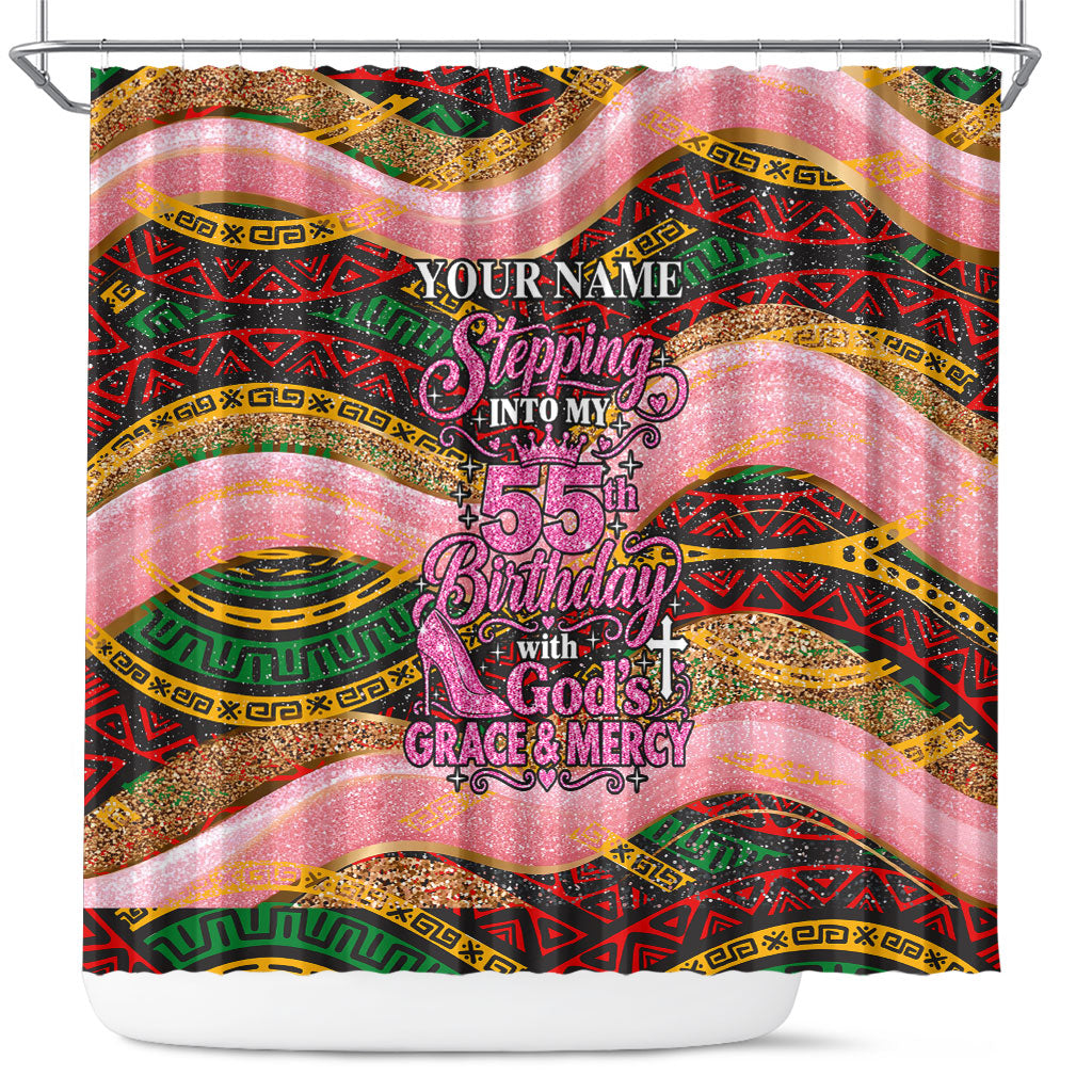 Personalized African Queen Stepping Into My 55th Birthday Shower Curtain Pink Sparkle Glitter Tribal Kente