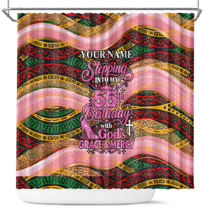 Personalized African Queen Stepping Into My 55th Birthday Shower Curtain Pink Sparkle Glitter Tribal Kente