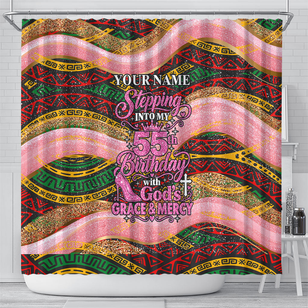 Personalized African Queen Stepping Into My 55th Birthday Shower Curtain Pink Sparkle Glitter Tribal Kente