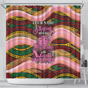 Personalized African Queen Stepping Into My 55th Birthday Shower Curtain Pink Sparkle Glitter Tribal Kente
