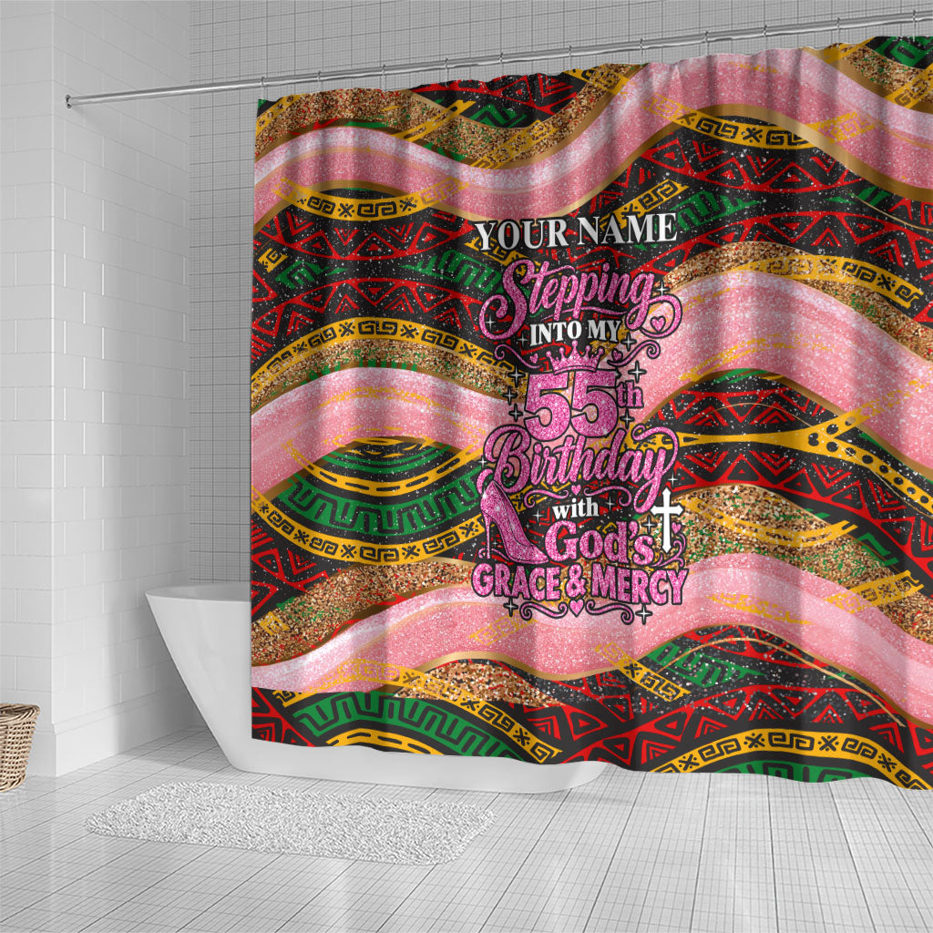 Personalized African Queen Stepping Into My 55th Birthday Shower Curtain Pink Sparkle Glitter Tribal Kente