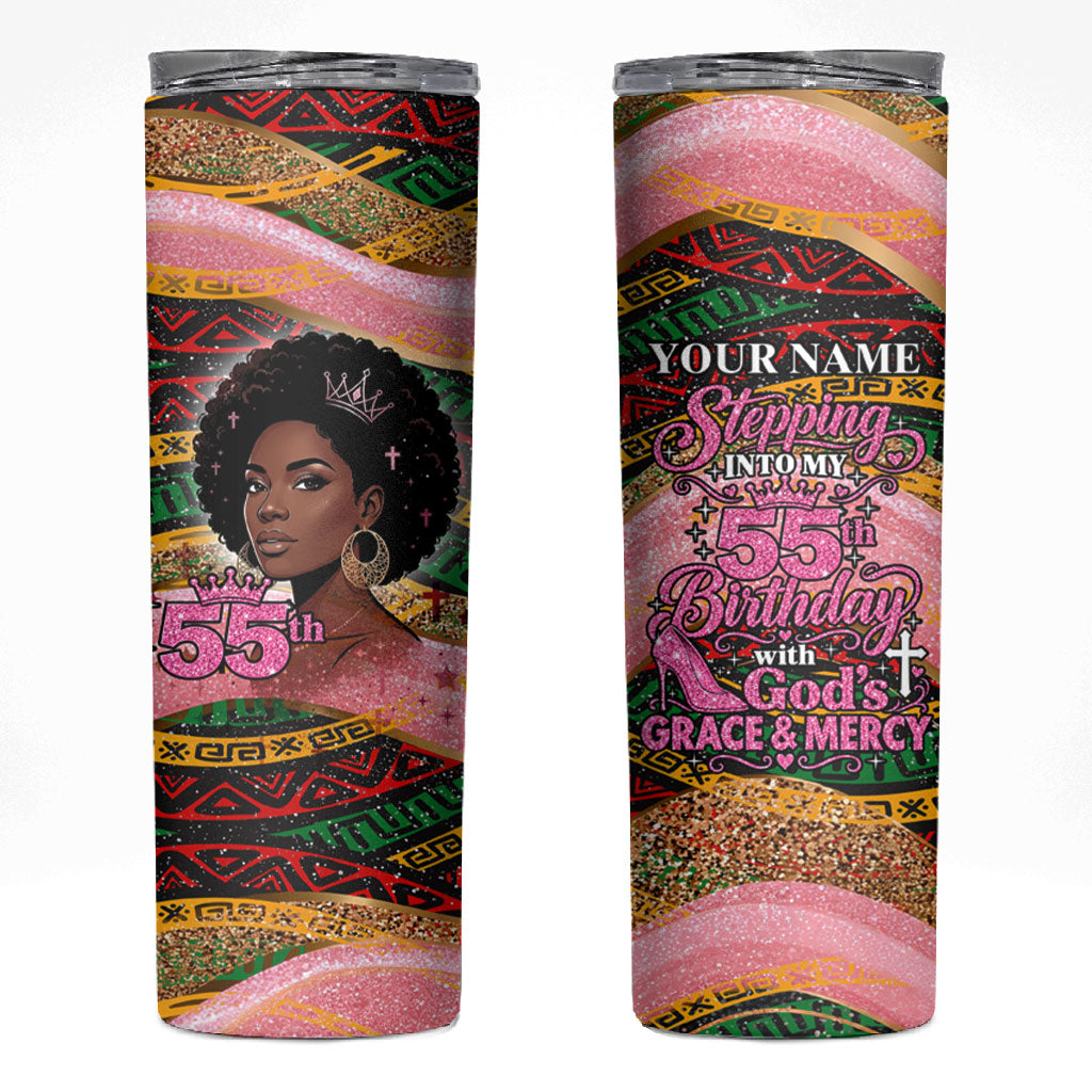 Personalized African Queen Stepping Into My 55th Birthday Skinny Tumbler Pink Sparkle Glitter Tribal Kente