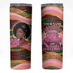Personalized African Queen Stepping Into My 55th Birthday Skinny Tumbler Pink Sparkle Glitter Tribal Kente
