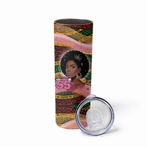Personalized African Queen Stepping Into My 55th Birthday Skinny Tumbler Pink Sparkle Glitter Tribal Kente