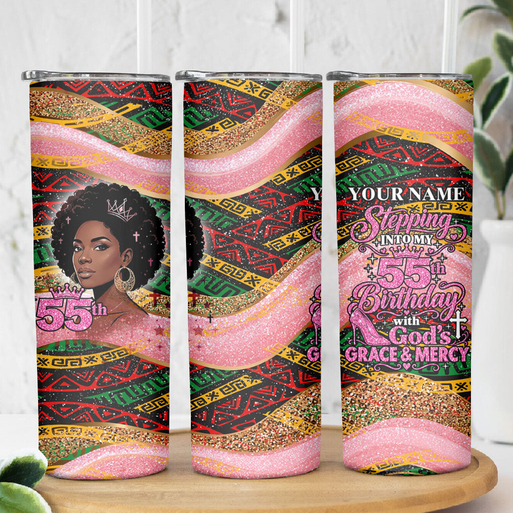 Personalized African Queen Stepping Into My 55th Birthday Skinny Tumbler Pink Sparkle Glitter Tribal Kente