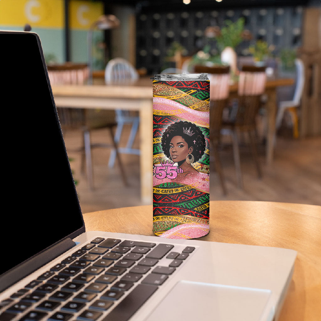 Personalized African Queen Stepping Into My 55th Birthday Skinny Tumbler Pink Sparkle Glitter Tribal Kente