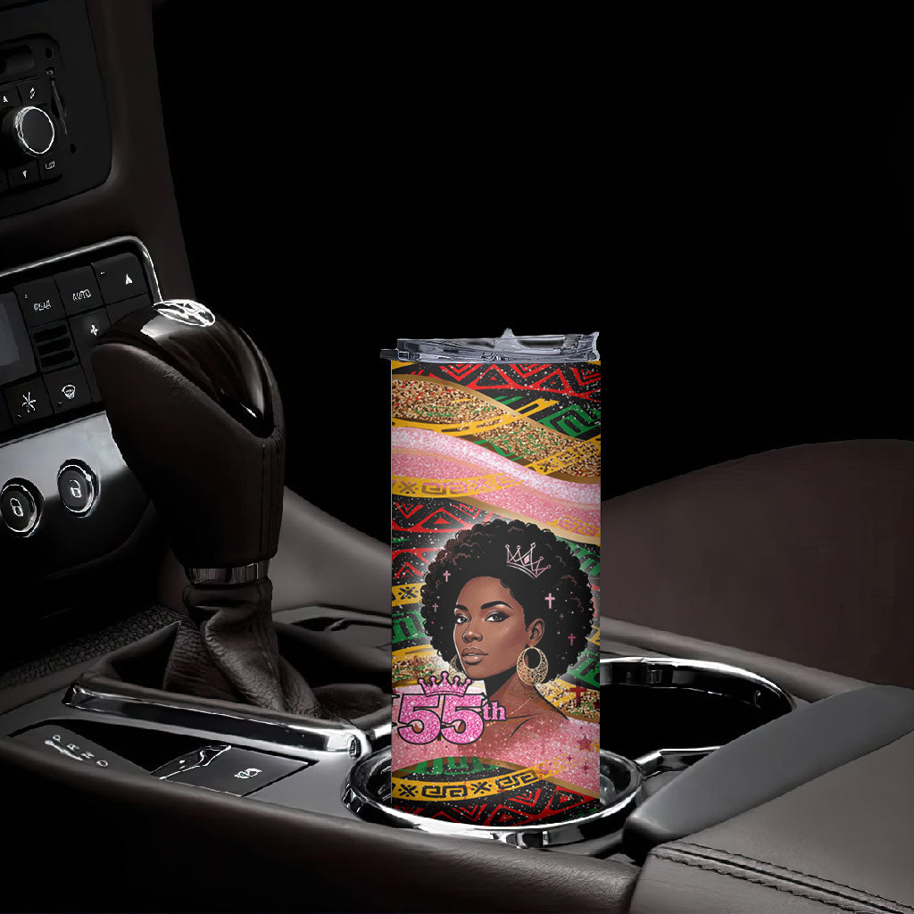 Personalized African Queen Stepping Into My 55th Birthday Skinny Tumbler Pink Sparkle Glitter Tribal Kente