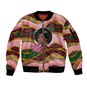 Personalized African Queen Stepping Into My 55th Birthday Sleeve Zip Bomber Jacket Pink Sparkle Glitter Tribal Kente