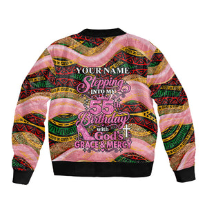 Personalized African Queen Stepping Into My 55th Birthday Sleeve Zip Bomber Jacket Pink Sparkle Glitter Tribal Kente