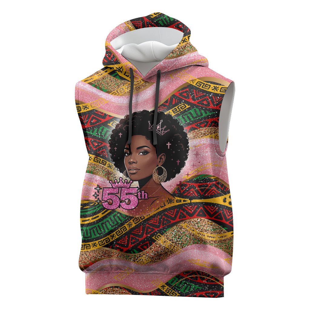 Personalized African Queen Stepping Into My 55th Birthday Sleeveless Hoodie Pink Sparkle Glitter Tribal Kente