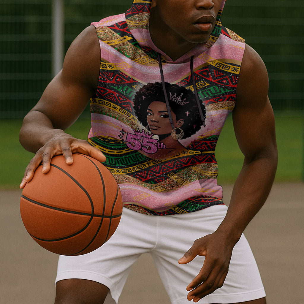 Personalized African Queen Stepping Into My 55th Birthday Sleeveless Hoodie Pink Sparkle Glitter Tribal Kente