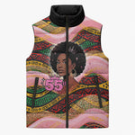 Personalized African Queen Stepping Into My 55th Birthday Sleeveless Puffer Jacket Pink Sparkle Glitter Tribal Kente