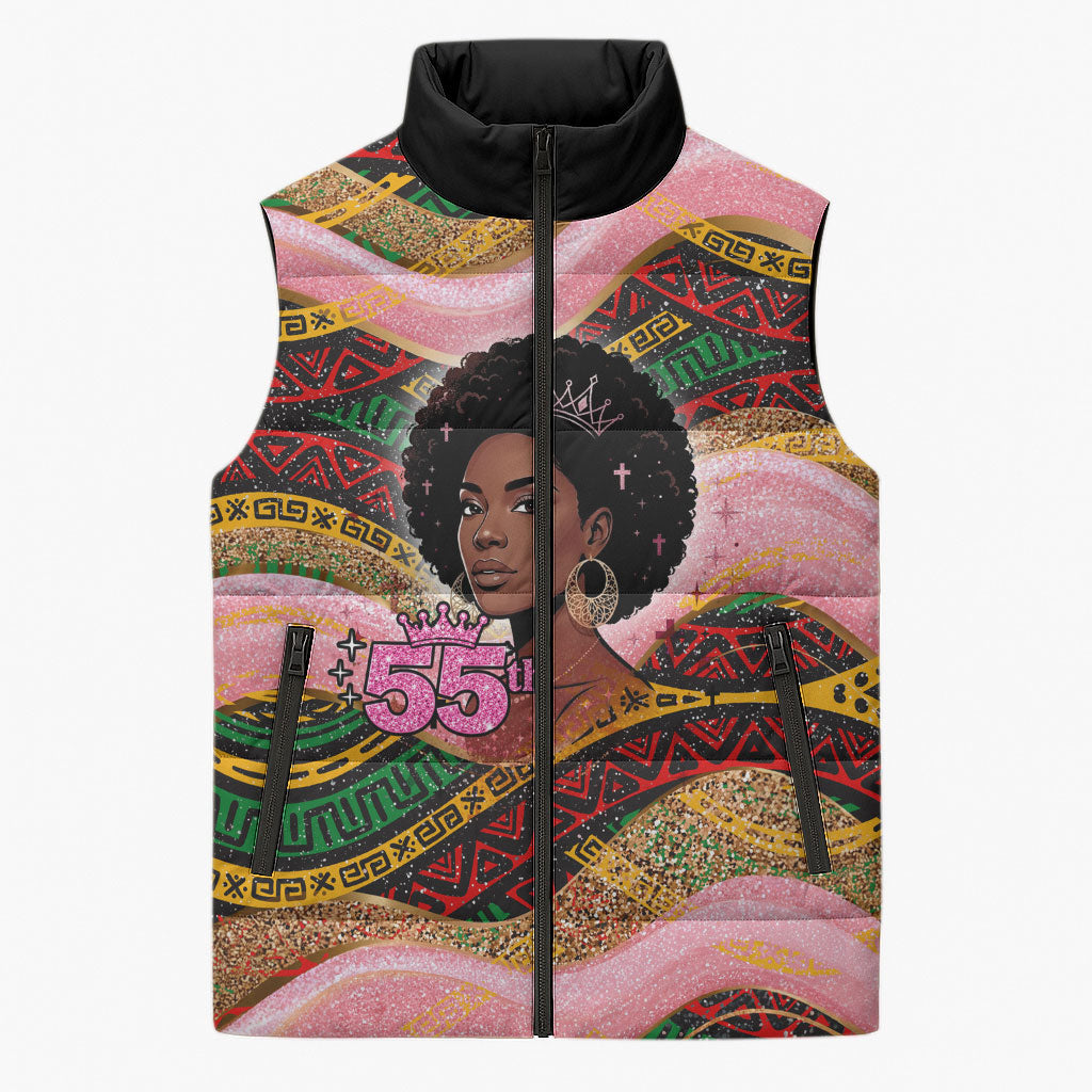 Personalized African Queen Stepping Into My 55th Birthday Sleeveless Puffer Jacket Pink Sparkle Glitter Tribal Kente