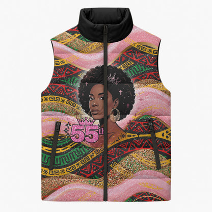 Personalized African Queen Stepping Into My 55th Birthday Sleeveless Puffer Jacket Pink Sparkle Glitter Tribal Kente