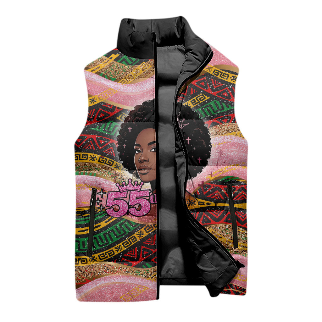 Personalized African Queen Stepping Into My 55th Birthday Sleeveless Puffer Jacket Pink Sparkle Glitter Tribal Kente