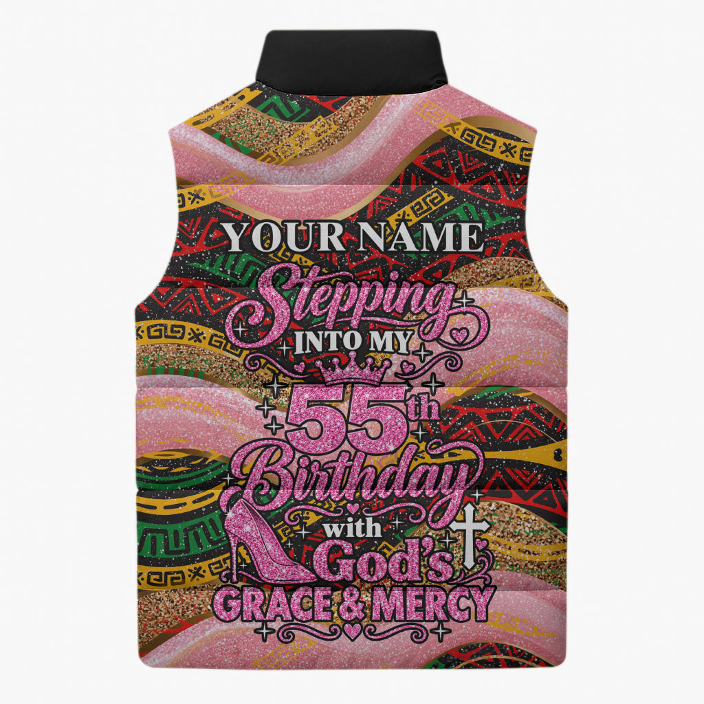 Personalized African Queen Stepping Into My 55th Birthday Sleeveless Puffer Jacket Pink Sparkle Glitter Tribal Kente