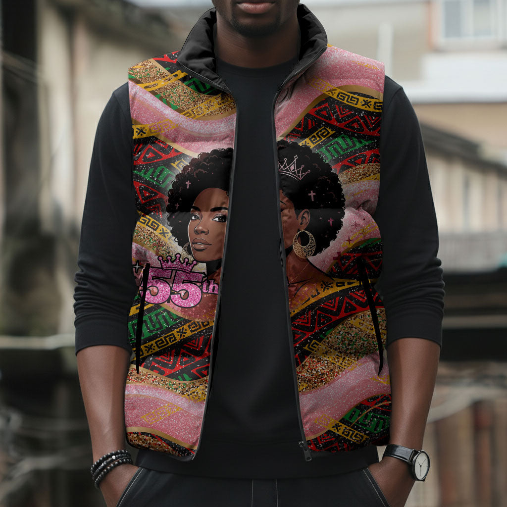 Personalized African Queen Stepping Into My 55th Birthday Sleeveless Puffer Jacket Pink Sparkle Glitter Tribal Kente