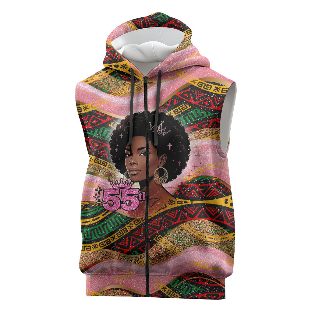 Personalized African Queen Stepping Into My 55th Birthday Sleeveless Zip Hoodie Pink Sparkle Glitter Tribal Kente