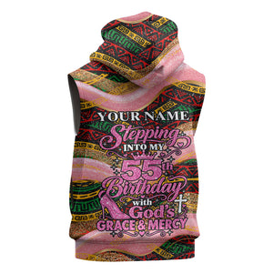 Personalized African Queen Stepping Into My 55th Birthday Sleeveless Zip Hoodie Pink Sparkle Glitter Tribal Kente