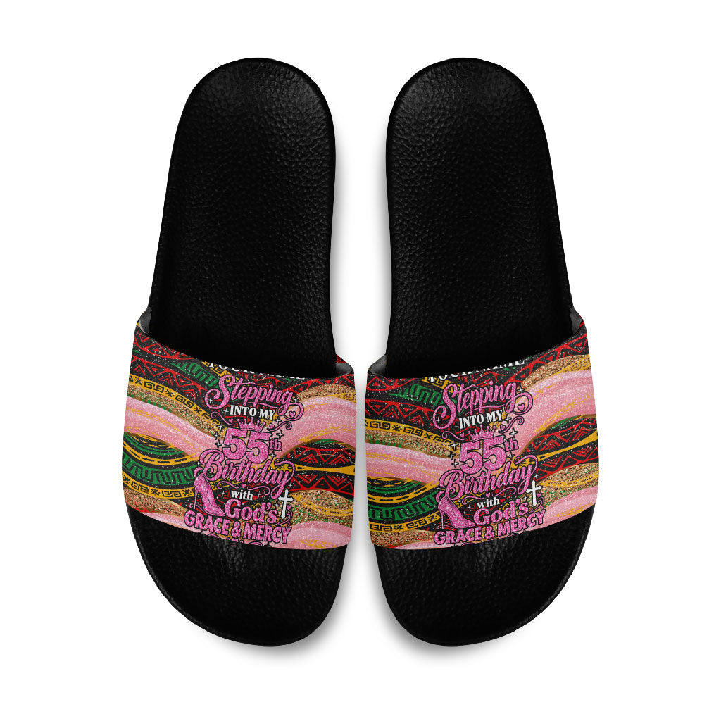 Personalized African Queen Stepping Into My 55th Birthday Slide Sandals Pink Sparkle Glitter Tribal Kente
