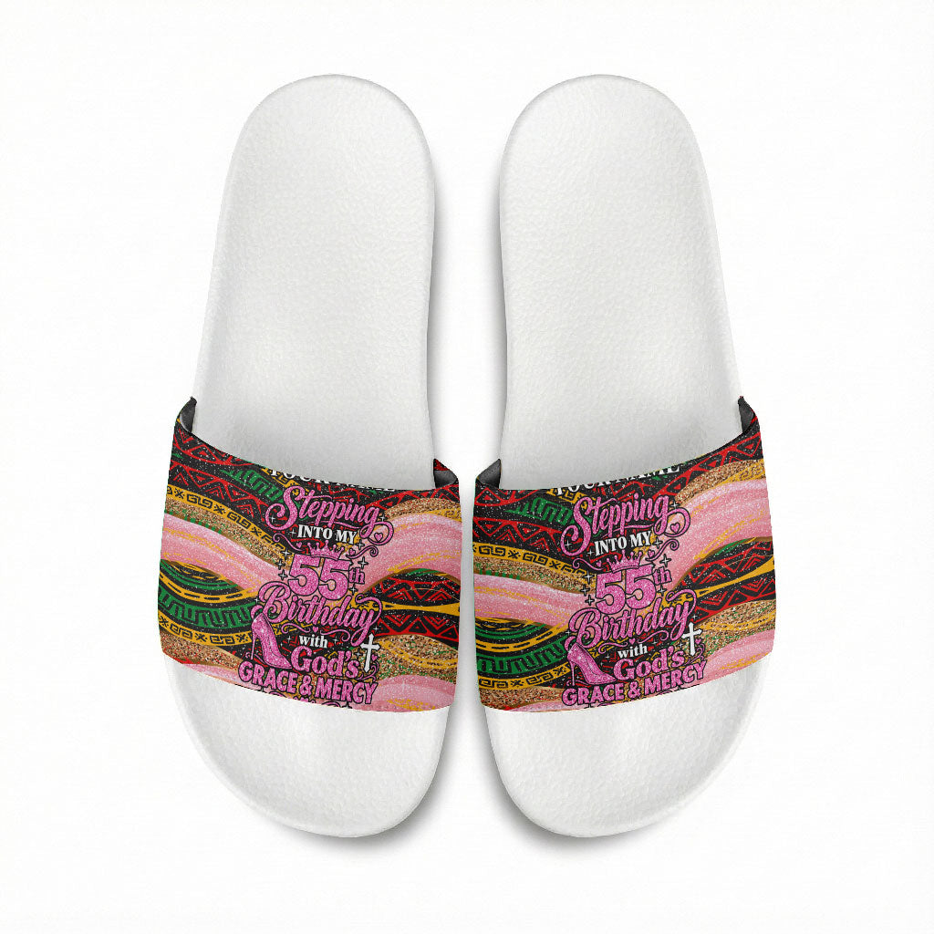 Personalized African Queen Stepping Into My 55th Birthday Slide Sandals Pink Sparkle Glitter Tribal Kente