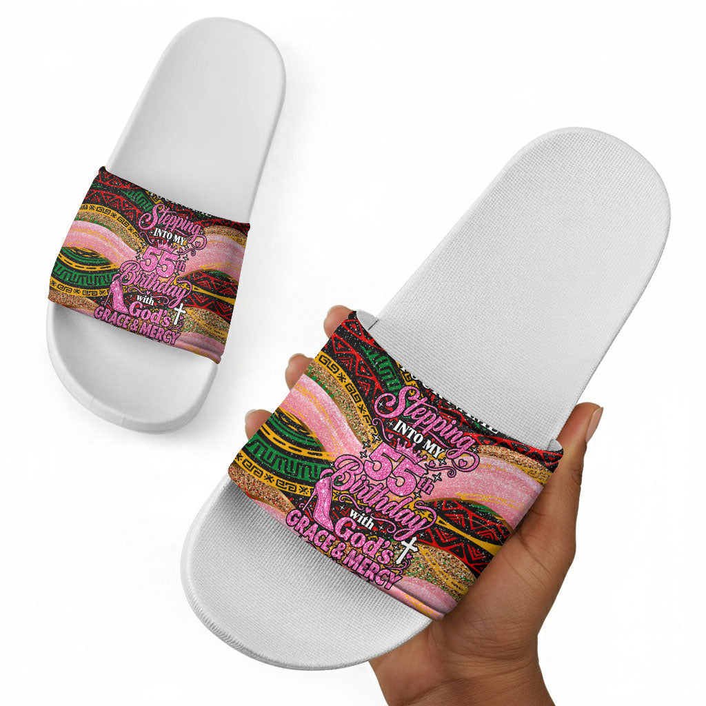 Personalized African Queen Stepping Into My 55th Birthday Slide Sandals Pink Sparkle Glitter Tribal Kente
