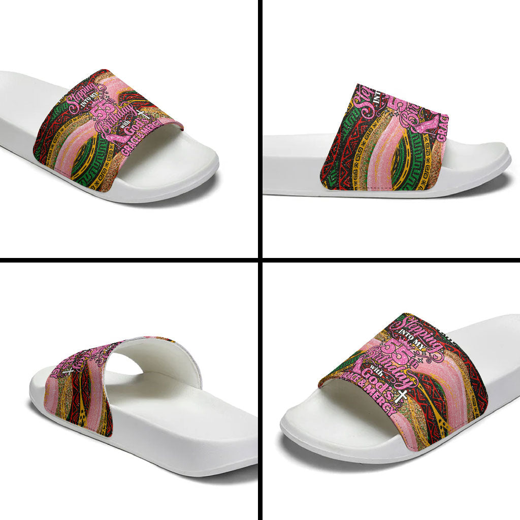 Personalized African Queen Stepping Into My 55th Birthday Slide Sandals Pink Sparkle Glitter Tribal Kente