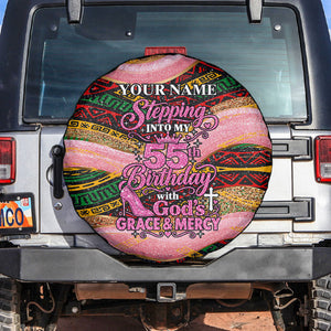 Personalized African Queen Stepping Into My 55th Birthday Spare Tire Cover Pink Sparkle Glitter Tribal Kente