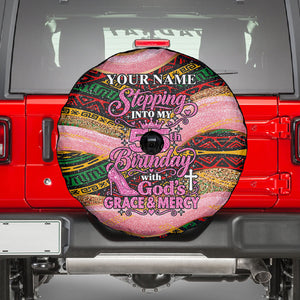 Personalized African Queen Stepping Into My 55th Birthday Spare Tire Cover Pink Sparkle Glitter Tribal Kente