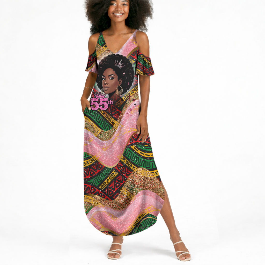 Personalized African Queen Stepping Into My 55th Birthday Summer Maxi Dress Pink Sparkle Glitter Tribal Kente