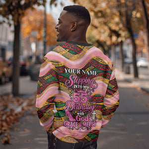 Personalized African Queen Stepping Into My 55th Birthday Sweatshirt Pink Sparkle Glitter Tribal Kente