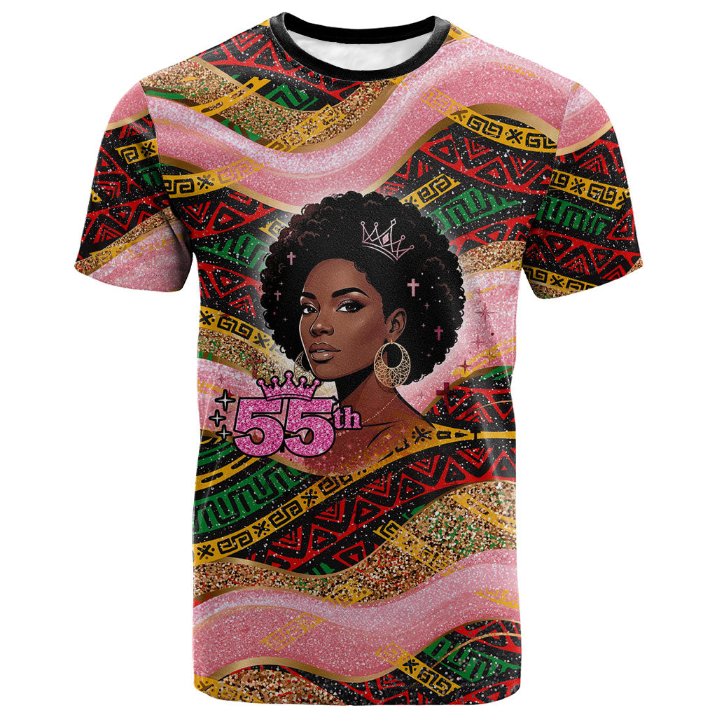 Personalized African Queen Stepping Into My 55th Birthday T shirt Pink Sparkle Glitter Tribal Kente