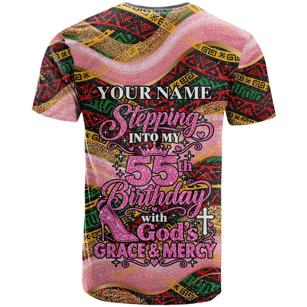 Personalized African Queen Stepping Into My 55th Birthday T shirt Pink Sparkle Glitter Tribal Kente
