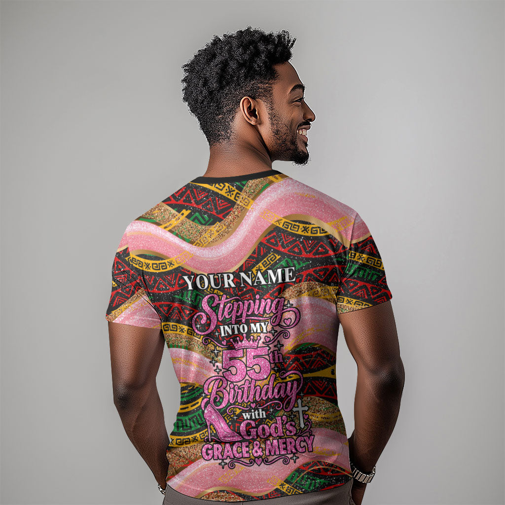Personalized African Queen Stepping Into My 55th Birthday T shirt Pink Sparkle Glitter Tribal Kente
