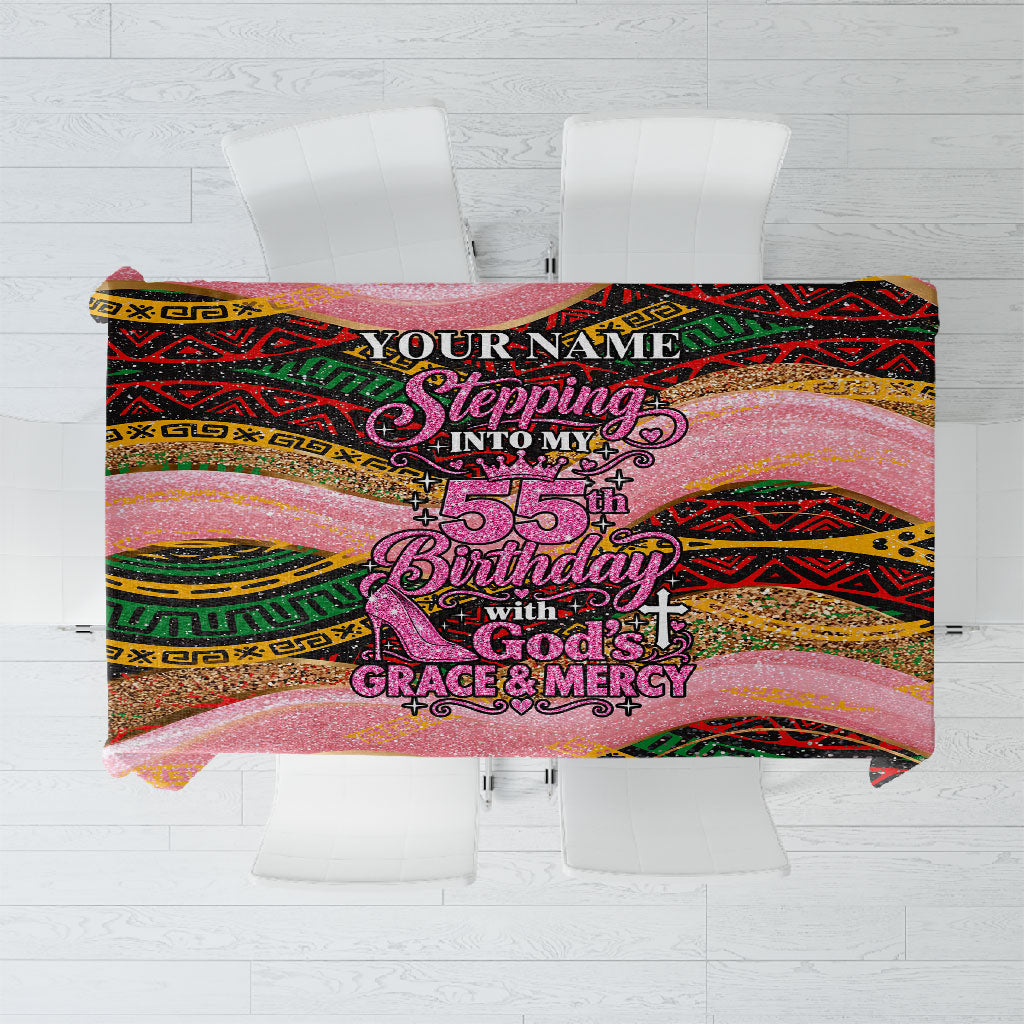 Personalized African Queen Stepping Into My 55th Birthday Tablecloth Pink Sparkle Glitter Tribal Kente
