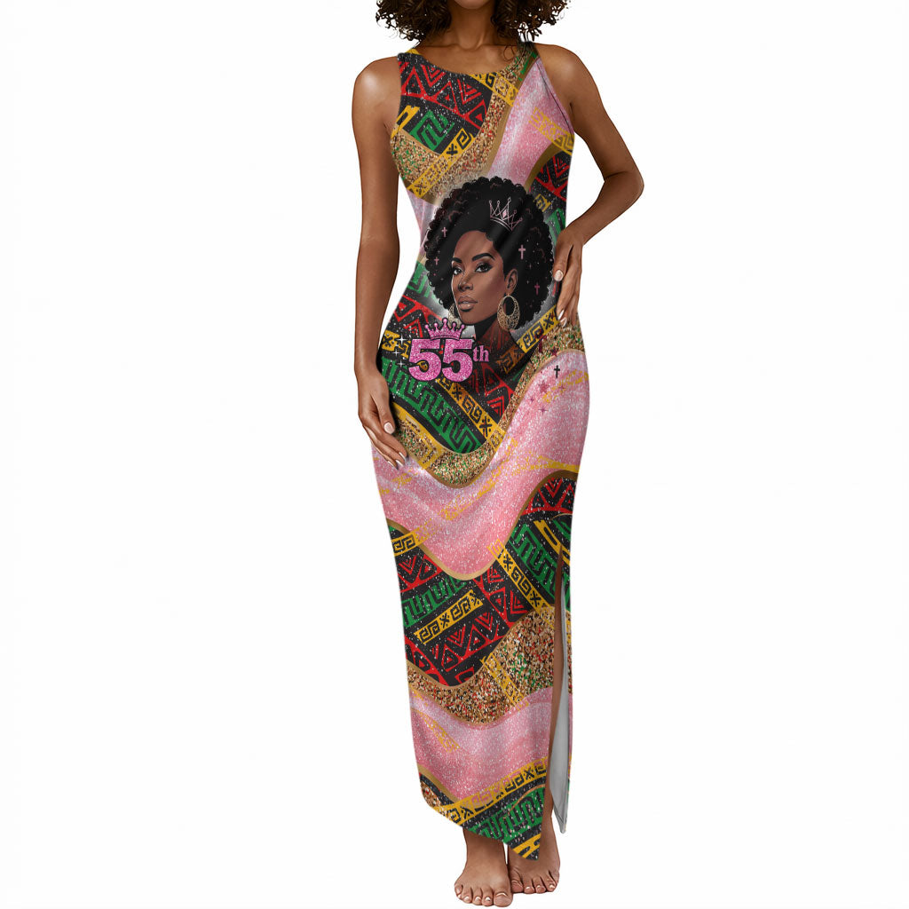 Personalized African Queen Stepping Into My 55th Birthday Tank Maxi Dress Pink Sparkle Glitter Tribal Kente