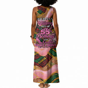 Personalized African Queen Stepping Into My 55th Birthday Tank Maxi Dress Pink Sparkle Glitter Tribal Kente