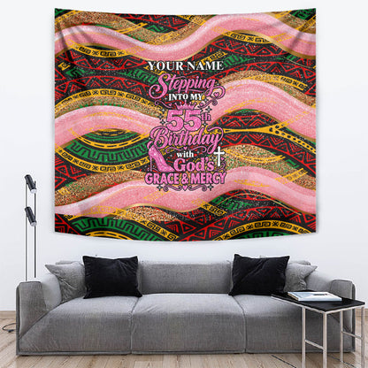 Personalized African Queen Stepping Into My 55th Birthday Tapestry Pink Sparkle Glitter Tribal Kente