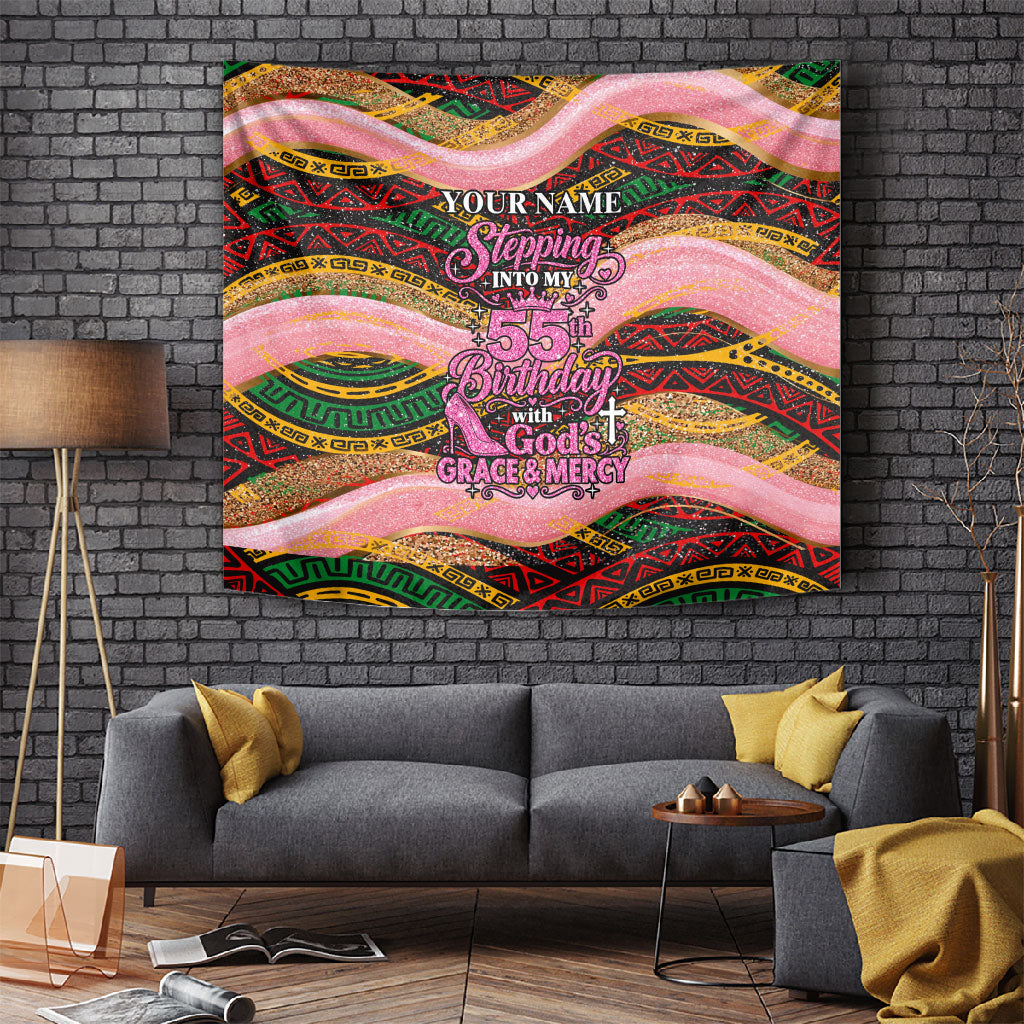 Personalized African Queen Stepping Into My 55th Birthday Tapestry Pink Sparkle Glitter Tribal Kente