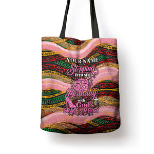 Personalized African Queen Stepping Into My 55th Birthday Tote Bag Pink Sparkle Glitter Tribal Kente